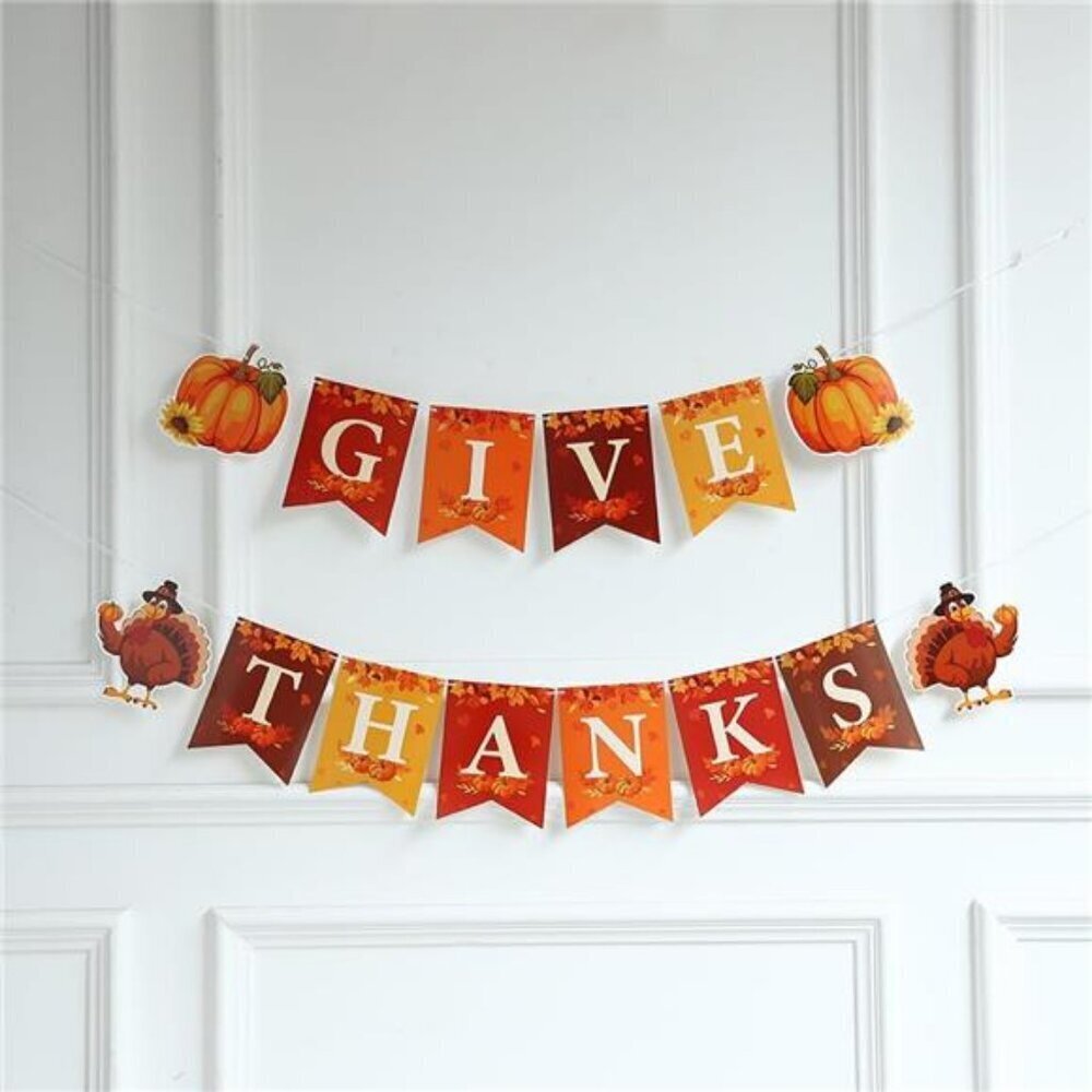 Give Thanks Banner with Pumpkin and Turkey Paper Banner for Fall Autumn